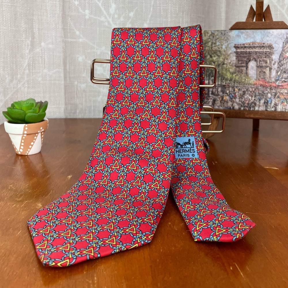 Hermès Paris Red Triangle 🔺 Patterned Silk Tie